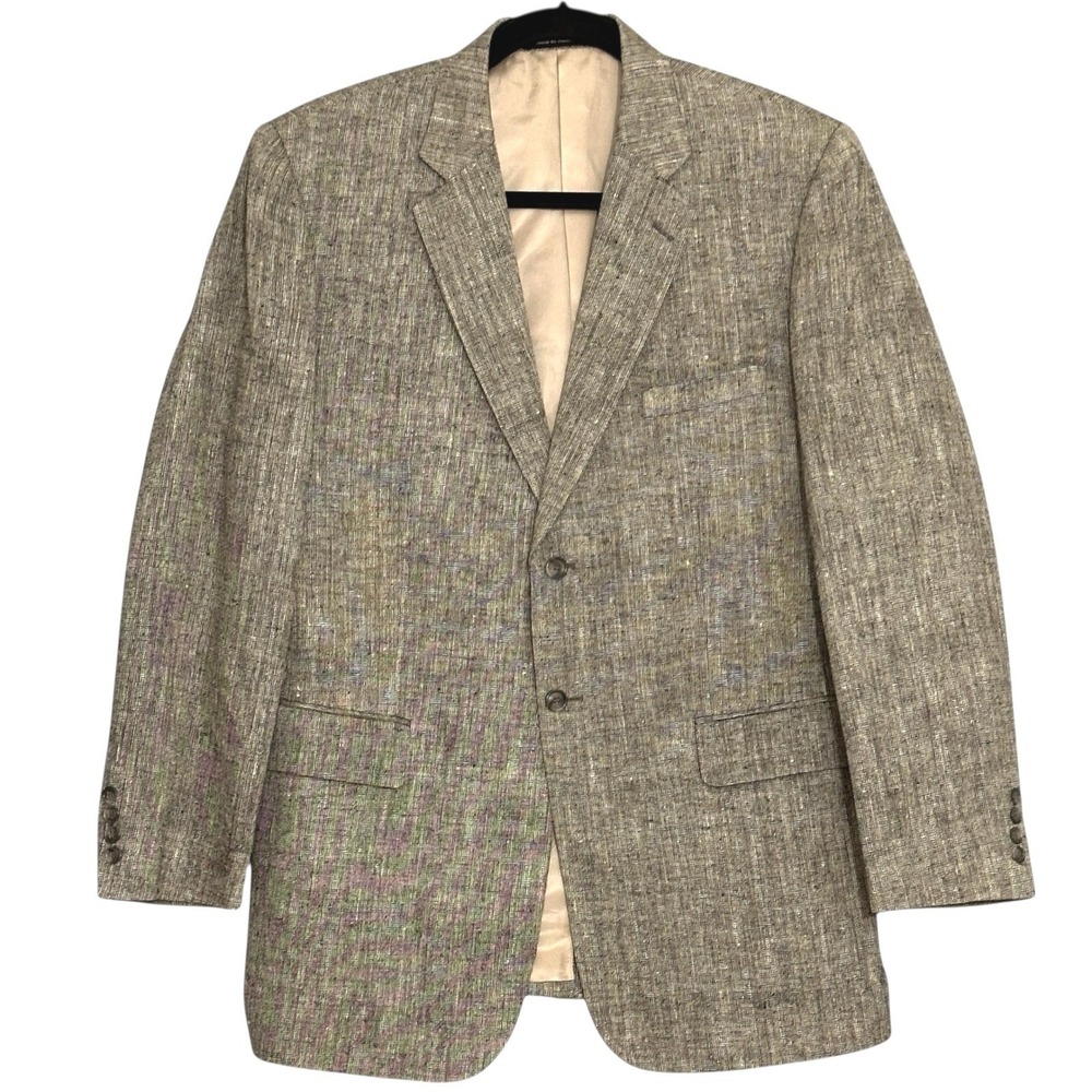 Stafford Mens Jacket 42L Long Black Beige 100% Silk Slub Tweed Blazer Sport Coat